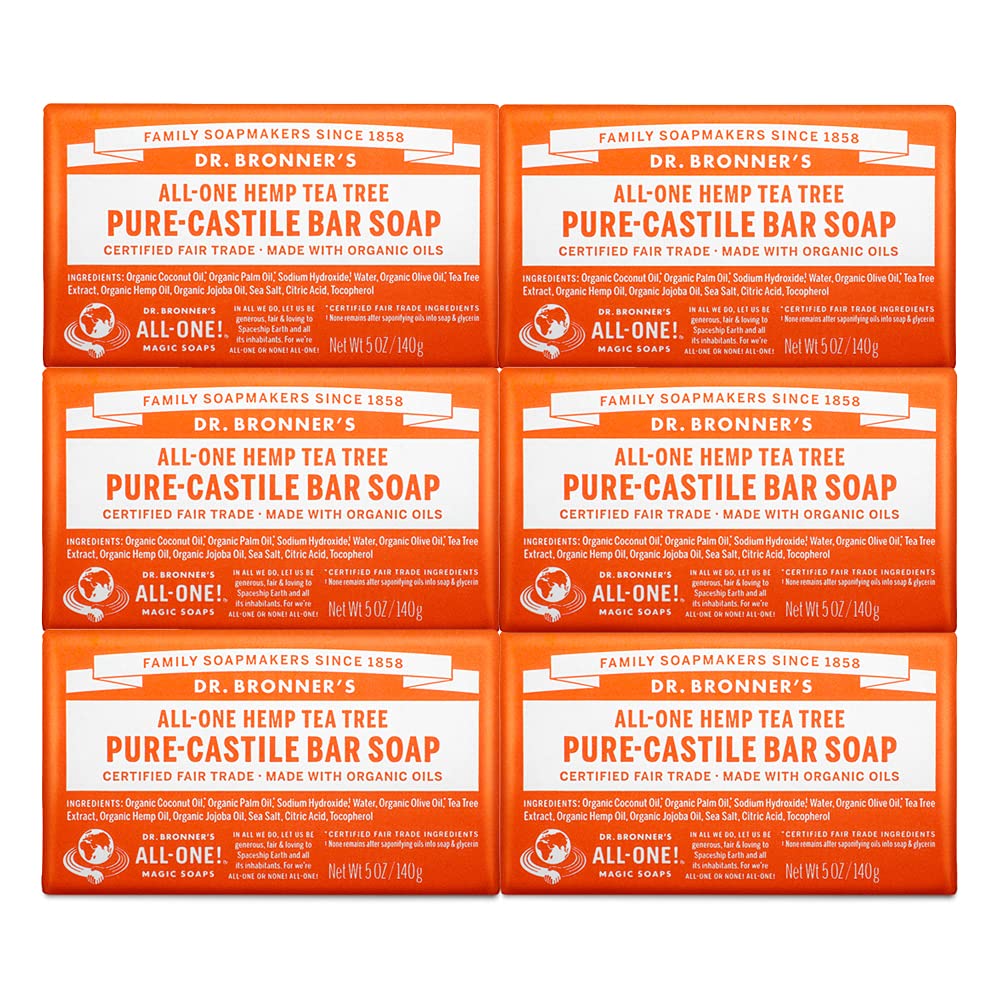 Dr. Bronner's Magic Soaps Pure-Castile Soap, All-One Hemp Tea Tree, 5-Ounce Bars (Pack of 6)